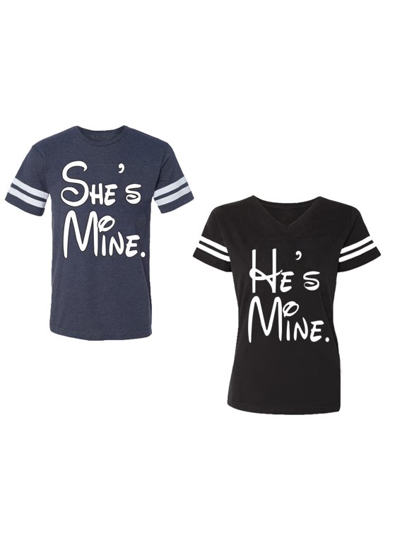 He She Is Mine Unisex Couple Matching Cotton Jersey style T-Shirt Contrasting stripes on sleeves (Men Navy / Women Black) (Men S / Women S)
