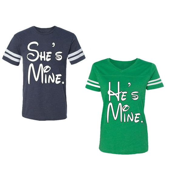 He She Is Mine Unisex Couple Matching Cotton Jersey style T-Shirt Contrasting stripes on sleeves (Men Navy / Women Green) (Men L / Women M)