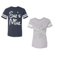 thumbnail image 1 of He She Is Mine Unisex Couple Matching Cotton Jersey style T-Shirt Contrasting stripes on sleeves (Men Navy / Women Heather) (Men M / Women S), 1 of 3