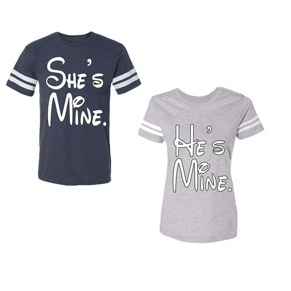 He She Is Mine Unisex Couple Matching Cotton Jersey style T-Shirt Contrasting stripes on sleeves (Men Navy / Women Heather) (Men S / Women L)