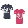 thumbnail image 1 of He She Is Mine Unisex Couple Matching Cotton Jersey style T-Shirt Contrasting stripes on sleeves (Men Navy / Women Pink) (Men M / Women M), 1 of 3