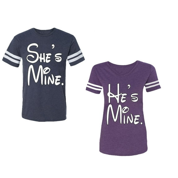 He She Is Mine Unisex Couple Matching Cotton Jersey style T-Shirt Contrasting stripes on sleeves (Men Navy / Women Purple) (Men S / Women S)