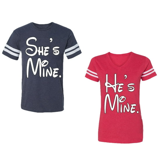 He She Is Mine Unisex Couple Matching Cotton Jersey style T-Shirt Contrasting stripes on sleeves (Men Navy / Women Red) (Men XL / Women S)
