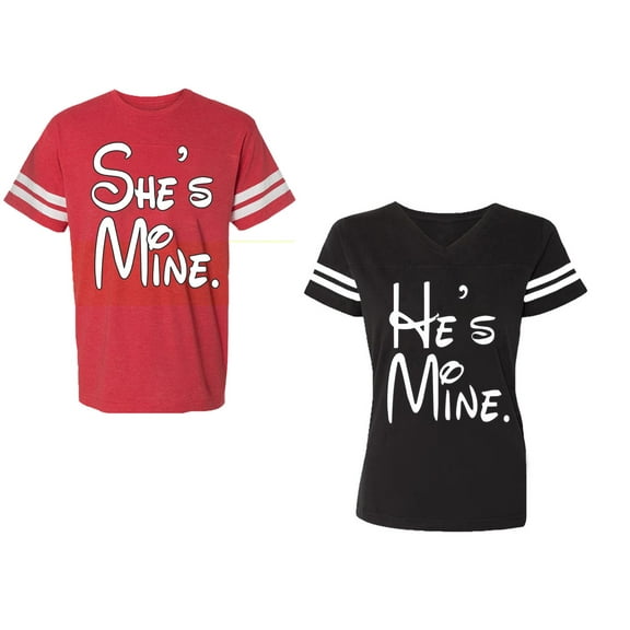 He She Is Mine Unisex Couple Matching Cotton Jersey style T-Shirt Contrasting stripes on sleeves (Men Red / Women Black) (Men S / Women S)
