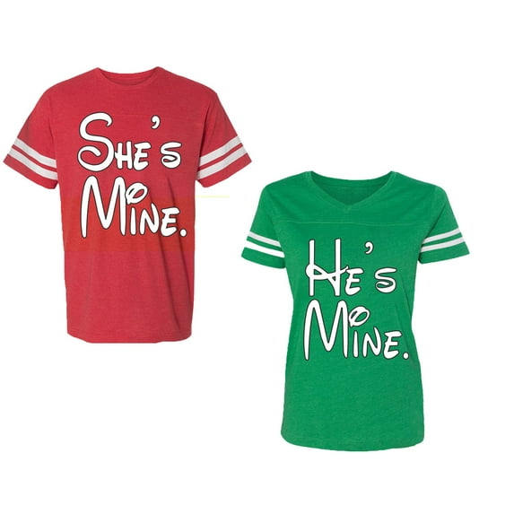 He She Is Mine Unisex Couple Matching Cotton Jersey style T-Shirt Contrasting stripes on sleeves (Men Red / Women Green) (Men M / Women S)
