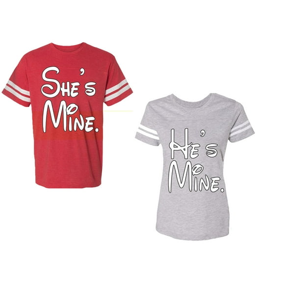 He She Is Mine Unisex Couple Matching Cotton Jersey style T-Shirt Contrasting stripes on sleeves (Men Red / Women Heather) (Men XXL / Women S)