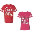 thumbnail image 1 of He She Is Mine Unisex Couple Matching Cotton Jersey style T-Shirt Contrasting stripes on sleeves (Men Red / Women Pink) (Men S / Women L), 1 of 3