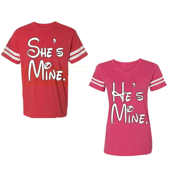 He She Is Mine Unisex Couple Matching Cotton Jersey style T-Shirt Contrasting stripes on sleeves (Men Red / Women Pink) (Men S / Women L)