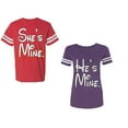 thumbnail image 1 of He She Is Mine Unisex Couple Matching Cotton Jersey style T-Shirt Contrasting stripes on sleeves (Men Red / Women Purple) (Men L / Women L), 1 of 3