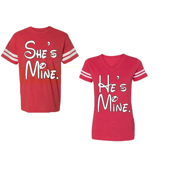 He She Is Mine Unisex Couple Matching Cotton Jersey style T-Shirt Contrasting stripes on sleeves (Men Red / Women Red) (Men M / Women XXL)