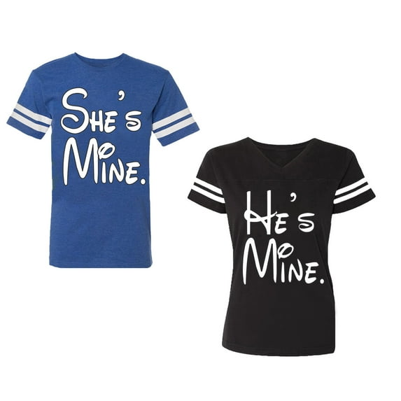 He She Is Mine Unisex Couple Matching Cotton Jersey style T-Shirt Contrasting stripes on sleeves (Men Royal / Women Black) (Men S / Women M)