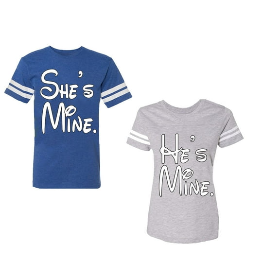 He She Is Mine Unisex Couple Matching Cotton Jersey style T-Shirt Contrasting stripes on sleeves (Men Royal / Women Heather) (Men S / Women S)