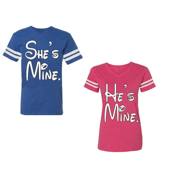 He She Is Mine Unisex Couple Matching Cotton Jersey style T-Shirt Contrasting stripes on sleeves (Men Royal / Women Pink) (Men M / Women M)