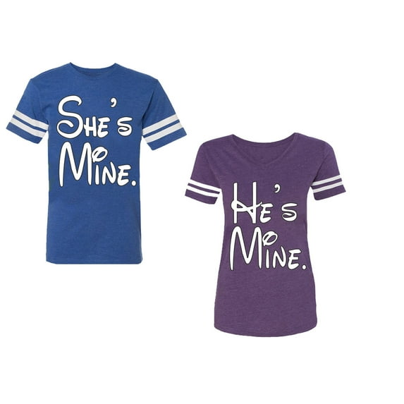 He She Is Mine Unisex Couple Matching Cotton Jersey style T-Shirt Contrasting stripes on sleeves (Men Royal / Women Purple) (Men M / Women XXL)