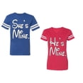 thumbnail image 1 of He She Is Mine Unisex Couple Matching Cotton Jersey style T-Shirt Contrasting stripes on sleeves (Men Royal / Women Red) (Men L / Women XL), 1 of 3