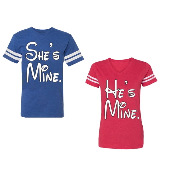 He She Is Mine Unisex Couple Matching Cotton Jersey style T-Shirt Contrasting stripes on sleeves (Men Royal / Women Red) (Men L / Women XL)