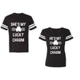 thumbnail image 1 of He She is My Lucky Charm Unisex Couple Matching Cotton Jersey style T-Shirt Contrasting stripes on sleeves (Men Black / Women Black) (Men M / Women M), 1 of 3
