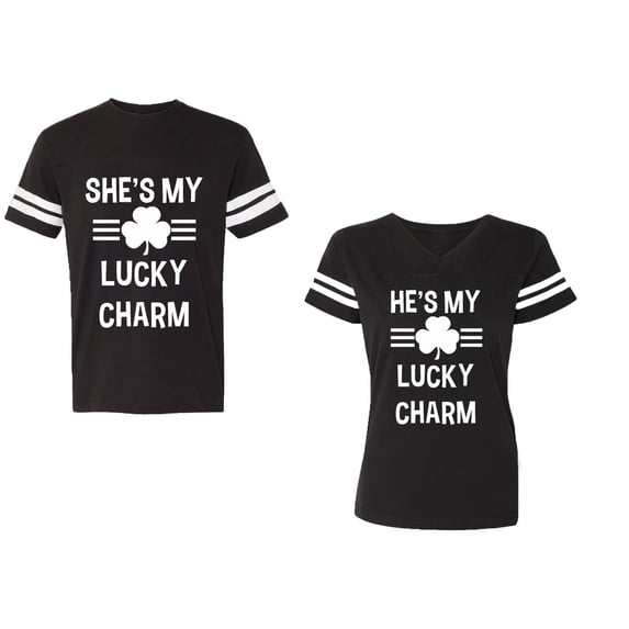 He She is My Lucky Charm Unisex Couple Matching Cotton Jersey style T-Shirt Contrasting stripes on sleeves (Men Black / Women Black) (Men M / Women M)