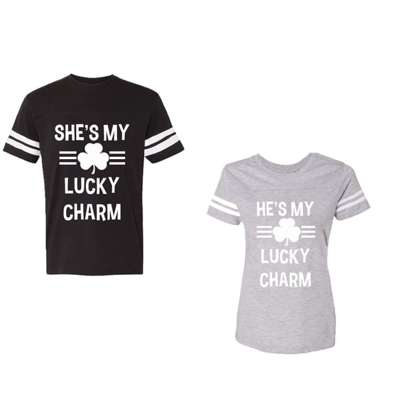 He She is My Lucky Charm Unisex Couple Matching Cotton Jersey style T-Shirt Contrasting stripes on sleeves (Men Black / Women Heather) (Men XL / Women XXL)