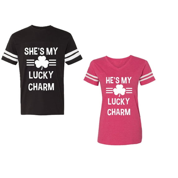 He She is My Lucky Charm Unisex Couple Matching Cotton Jersey style T-Shirt Contrasting stripes on sleeves (Men Black / Women Pink) (Men XXL / Women S)