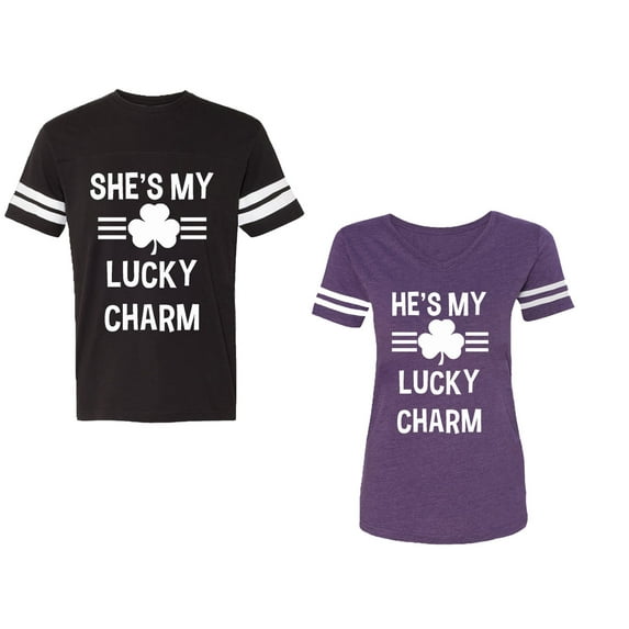 He She is My Lucky Charm Unisex Couple Matching Cotton Jersey style T-Shirt Contrasting stripes on sleeves (Men Black / Women Purple) (Men XL / Women S)