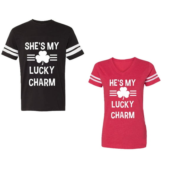 He She is My Lucky Charm Unisex Couple Matching Cotton Jersey style T-Shirt Contrasting stripes on sleeves (Men Black / Women Red) (Men XL / Women XXL)