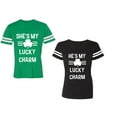 thumbnail image 1 of He She is My Lucky Charm Unisex Couple Matching Cotton Jersey style T-Shirt Contrasting stripes on sleeves (Men Green / Women Black) (Men XL / Women M), 1 of 3