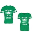 thumbnail image 1 of He She is My Lucky Charm Unisex Couple Matching Cotton Jersey style T-Shirt Contrasting stripes on sleeves (Men Green / Women Green) (Men L / Women L), 1 of 3