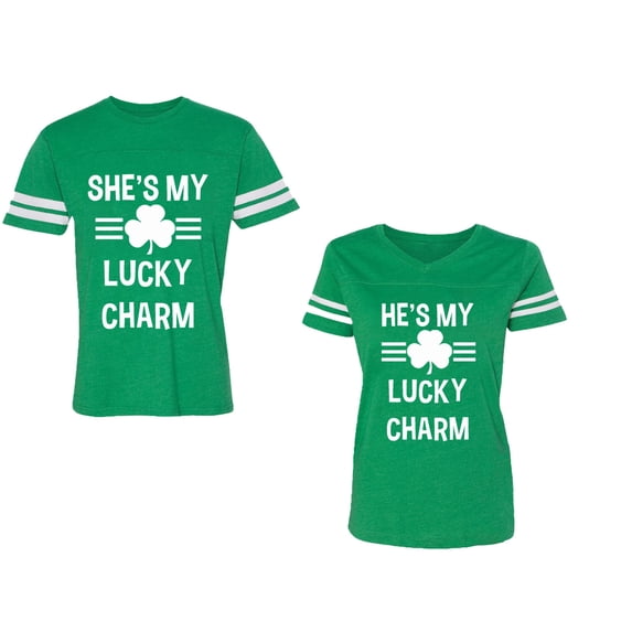 He She is My Lucky Charm Unisex Couple Matching Cotton Jersey style T-Shirt Contrasting stripes on sleeves (Men Green / Women Green) (Men L / Women S)