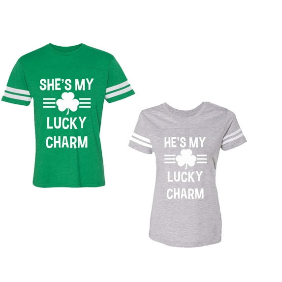 He She is My Lucky Charm Unisex Couple Matching Cotton Jersey style T-Shirt Contrasting stripes on sleeves (Men Green / Women Heather) (Men XL / Women L)