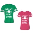 thumbnail image 1 of He She is My Lucky Charm Unisex Couple Matching Cotton Jersey style T-Shirt Contrasting stripes on sleeves (Men Green / Women Pink) (Men S / Women XXL), 1 of 3