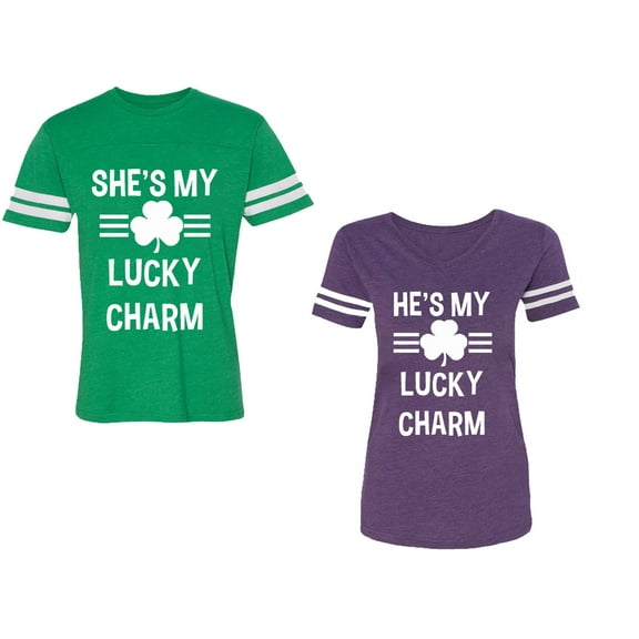He She is My Lucky Charm Unisex Couple Matching Cotton Jersey style T-Shirt Contrasting stripes on sleeves (Men Green / Women Purple) (Men L / Women L)