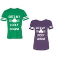 thumbnail image 1 of He She is My Lucky Charm Unisex Couple Matching Cotton Jersey style T-Shirt Contrasting stripes on sleeves (Men Green / Women Purple) (Men M / Women M), 1 of 3