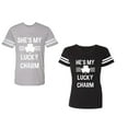 thumbnail image 1 of He She is My Lucky Charm Unisex Couple Matching Cotton Jersey style T-Shirt Contrasting stripes on sleeves (Men Heather / Women Black) (Men XXXL / Women XXL), 1 of 3