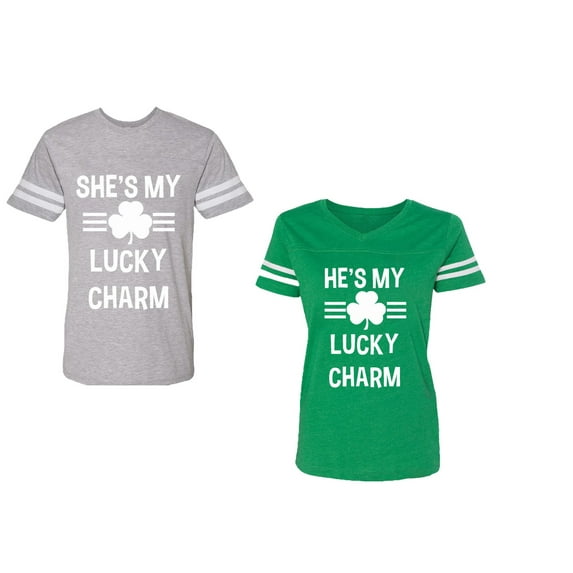 He She is My Lucky Charm Unisex Couple Matching Cotton Jersey style T-Shirt Contrasting stripes on sleeves (Men Heather / Women Green) (Men L / Women XXL)