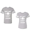 thumbnail image 1 of He She is My Lucky Charm Unisex Couple Matching Cotton Jersey style T-Shirt Contrasting stripes on sleeves (Men Heather / Women Heather) (Men L / Women M), 1 of 3