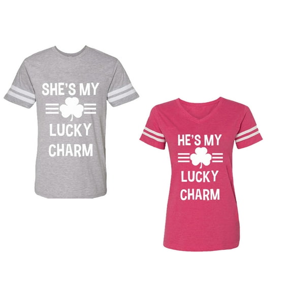 He She is My Lucky Charm Unisex Couple Matching Cotton Jersey style T-Shirt Contrasting stripes on sleeves (Men Heather / Women Pink) (Men XL / Women S)