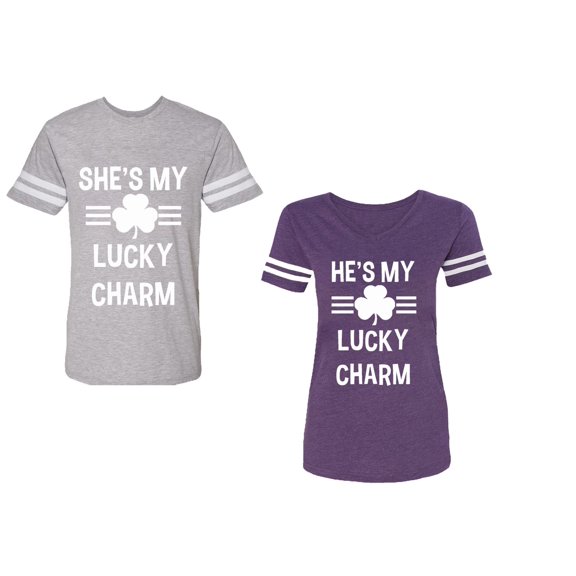 He She is My Lucky Charm Unisex Couple Matching Cotton Jersey style T-Shirt Contrasting stripes on sleeves (Men Heather / Women Purple) (Men S / Women M)