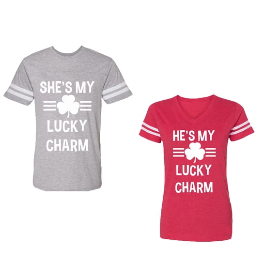 He She is My Lucky Charm Unisex Couple Matching Cotton Jersey style T-Shirt Contrasting stripes on sleeves (Men Heather / Women Red) (Men L / Women L)