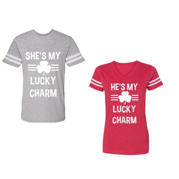 He She is My Lucky Charm Unisex Couple Matching Cotton Jersey style T-Shirt Contrasting stripes on sleeves (Men Heather / Women Red) (Men S / Women XL)
