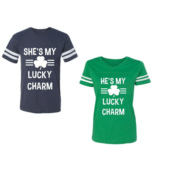 He She is My Lucky Charm Unisex Couple Matching Cotton Jersey style T-Shirt Contrasting stripes on sleeves (Men Navy / Women Green) (Men L / Women XL)