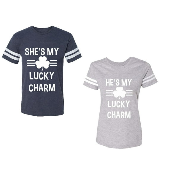 He She is My Lucky Charm Unisex Couple Matching Cotton Jersey style T-Shirt Contrasting stripes on sleeves (Men Navy / Women Heather) (Men XXL / Women XL)