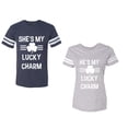 thumbnail image 1 of He She is My Lucky Charm Unisex Couple Matching Cotton Jersey style T-Shirt Contrasting stripes on sleeves (Men Navy / Women Heather) (Men XXL / Women XXL), 1 of 3