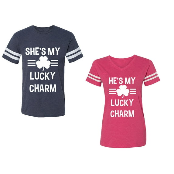 He She is My Lucky Charm Unisex Couple Matching Cotton Jersey style T-Shirt Contrasting stripes on sleeves (Men Navy / Women Pink) (Men S / Women XXL)