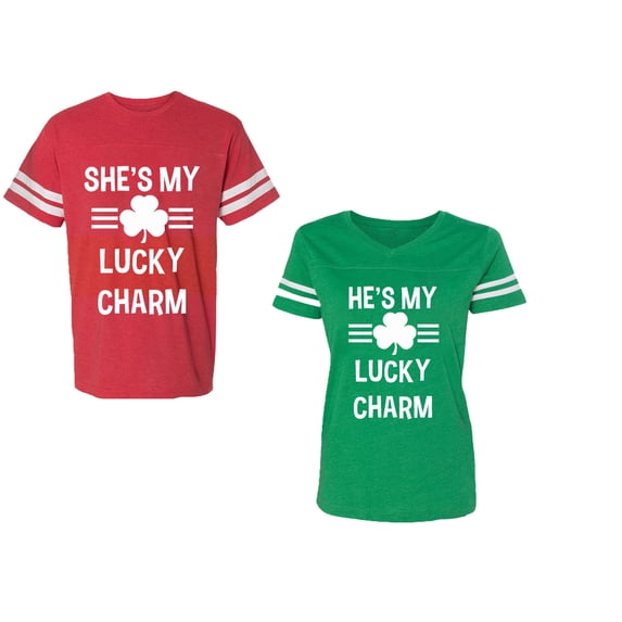 He She is My Lucky Charm Unisex Couple Matching Cotton Jersey style T-Shirt Contrasting stripes on sleeves (Men Red / Women Green) (Men S / Women XXL)