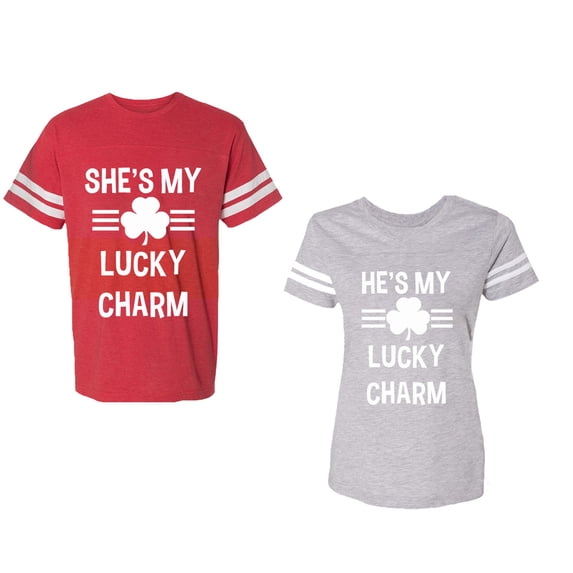 He She is My Lucky Charm Unisex Couple Matching Cotton Jersey style T-Shirt Contrasting stripes on sleeves (Men Red / Women Heather) (Men XL / Women M)