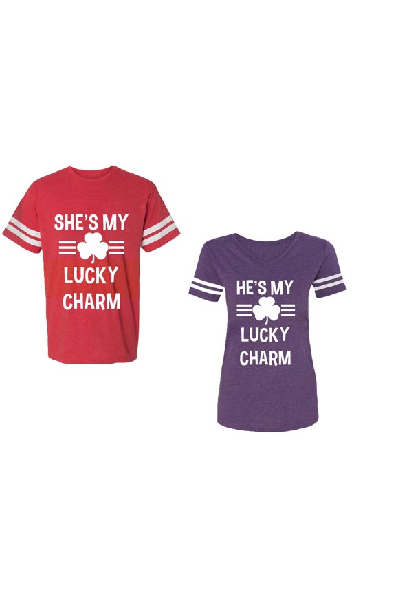 He She is My Lucky Charm Unisex Couple Matching Cotton Jersey style T-Shirt Contrasting stripes on sleeves (Men Red / Women Purple) (Men L / Women XL)