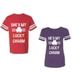 thumbnail image 1 of He She is My Lucky Charm Unisex Couple Matching Cotton Jersey style T-Shirt Contrasting stripes on sleeves (Men Red / Women Purple) (Men XXL / Women L), 1 of 3