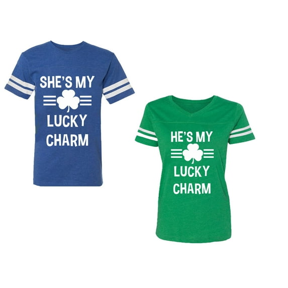 He She is My Lucky Charm Unisex Couple Matching Cotton Jersey style T-Shirt Contrasting stripes on sleeves (Men Royal / Women Green) (Men S / Women XXL)
