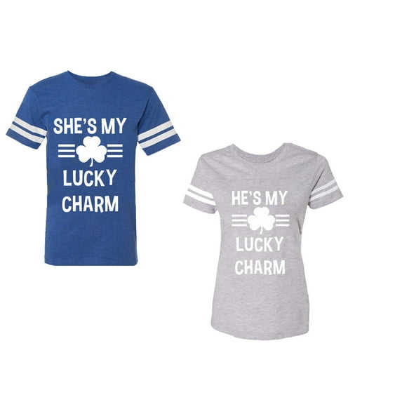 He She is My Lucky Charm Unisex Couple Matching Cotton Jersey style T-Shirt Contrasting stripes on sleeves (Men Royal / Women Heather) (Men S / Women XXL)